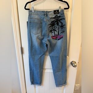 American Bazi Distressed Boyfriend Jeans Hollywood Graffiti Blue Denim NWT Sz M